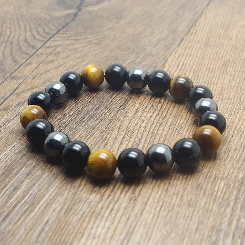 10mm Men Tiger Eye & Hematite & Black Obsidian Stone Bracelet Handmade DIY Jewelry