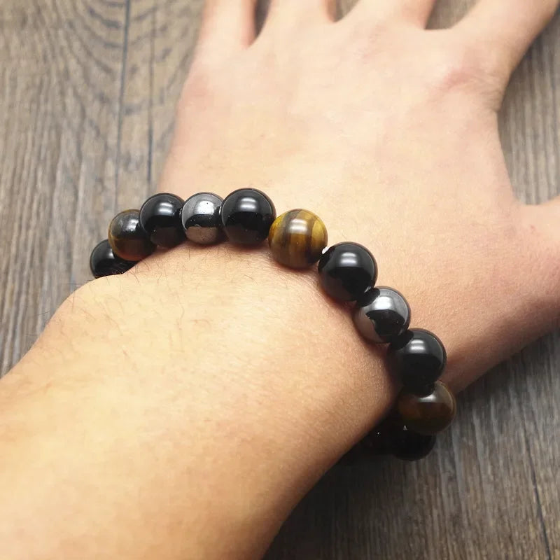 10mm Men Tiger Eye & Hematite & Black Obsidian Stone Bracelet Handmade DIY Jewelry
